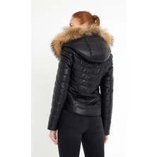 Nero Leather Fur Dikiş Detaylı Kapüşon Kenarı Rakun Kürklü Kadın Deri Ceket