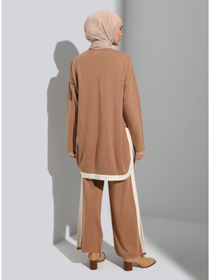 Refka Şerit Detaylı Tunik&pantolon Triko Takım - Camel Ekru - Refka Casual