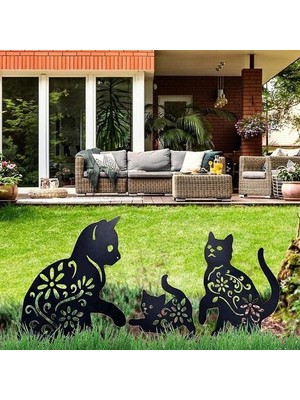 Htun Cat Yard Art Garden Decorative Metal Statues, 3 Pieces Cat Hollow Out Silhouette Animal Shape Stake Decorations, Black (Yurt Dışından)