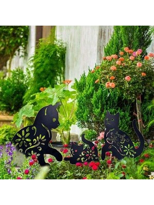 Htun Cat Yard Art Garden Decorative Metal Statues, 3 Pieces Cat Hollow Out Silhouette Animal Shape Stake Decorations, Black (Yurt Dışından)