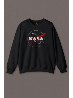So Cool Nasa Logosu Siyah Kırmızı Uzay Cosmos Baskılı Sweatshirt