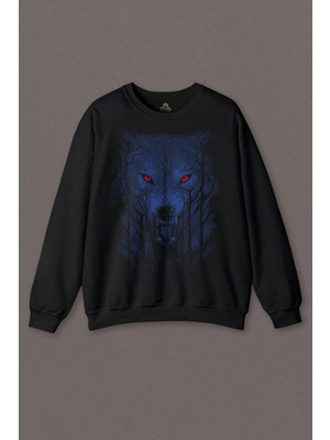 So Cool Gece Vahşi Ormada Bozkurt Bordo Maviz Gözlü Kurt Wolf Baskılı Sweatshirt