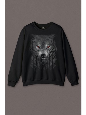 So Cool Gece Vahşi Ormada Bozkurt Bordo Maviz Gözlü Kurt Wolf Gri Baskılı Sweatshirt