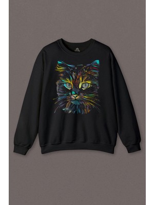 So Cool Renkli Sevimli Kedi Rengarenk Minnoş Cat Baskılı Sweatshirt