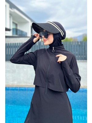 Remsa Mayo Remsa Siyah Tam Kapalı Yüzücü Tesettür Mayo Likralı Malzeme ile Su İtici Özellikte