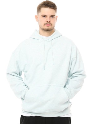 Defy's Erkek Kapüşonlu Şardonlu Oversize Basic Sweatshirt Mavi Melanj