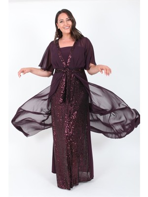 Ladies First Büyük Beden 3221 Mürdüm Uzun Abiye Elbise