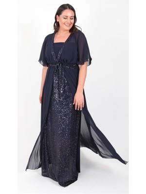 Ladies First Büyük Beden 3221 Lacivert Uzun Abiye Elbise