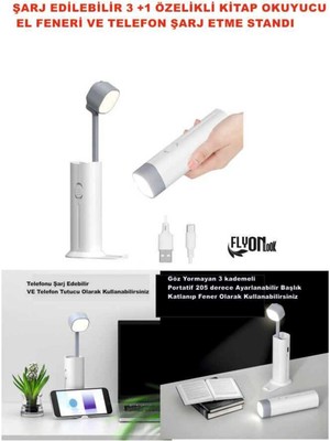 Flyon 3+1 Şarjlı Kitap Okuma Lambası , Fener 3 Kademeli ,Acil durum Powerbank ve Telefon Tutucu Lamba