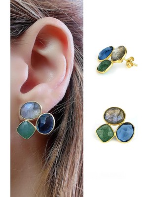 Ose Shop Labrodorite Kök Zümrüt ve Zirkon Taşlı 925AYAR Gümüş Üzerine Altın Kaplama Tasarım Doğal Taş Küpe