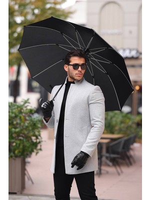 Hello7 Erkek Siyah slim  Fit dar kesim Kaşe Kaban Yeni Sezon