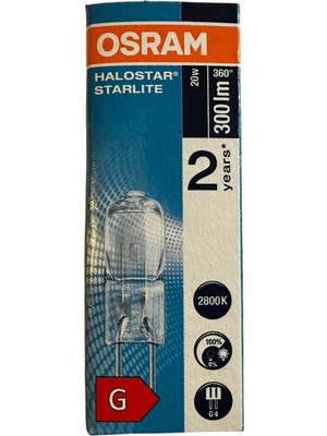 Osram 64425S Halostar Starlite 20W 12V 2800K (Sarı Işık) G4 Duylu Halojen Ampul