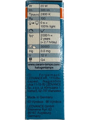 Osram 64425S Halostar Starlite 20W 12V 2800K (Sarı Işık) G4 Duylu Halojen Ampul (8 Adet)