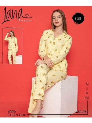 Muka Lana Bayan Uzun Kol Süet Pijama Takım 450-30 Sarı