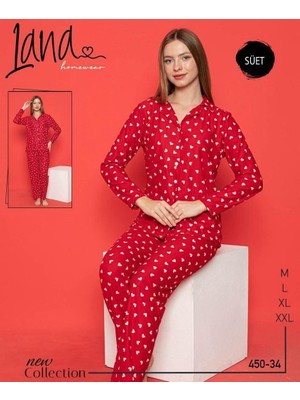 Muka Lana Bayan Uzun Kol Süet Pijama Takım 450-30 Kırmızı