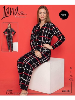 Muka Lana Bayan Uzun Kol Süet Pijama Takım 450-30 Lacivert