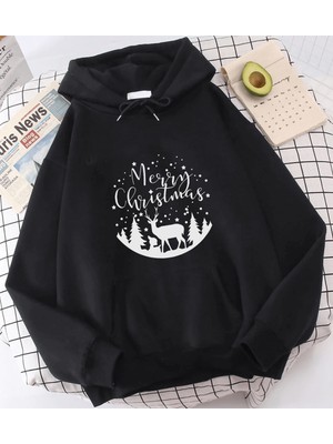 Populus Marry Christmas Geyikli Kapşonlu Sweatshirt