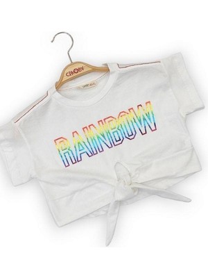 Çikoby Kız Çocuk Yüzde Yüz Pamuklu Rainbow Yazılı Crop Tshirt