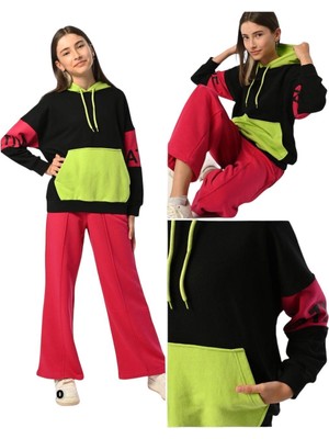 Marions Kız Çocuk Kapüşonlu Neon Renk Bloklu Tasarım Sweatshirt