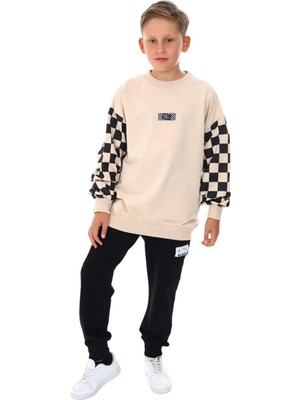 Ekko Erkek Çocuk East Coast Yazılı Kolları Dama Desenli Sweatshirt