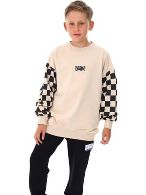 Ekko Erkek Çocuk East Coast Yazılı Kolları Dama Desenli Sweatshirt