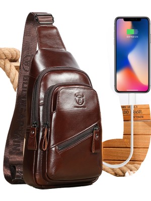 Mushen Büyük Kapasiteli Hakiki Deri Erkek Omuz Crossbody Göğüs Çantası Yumuşak Birinci Katman Inek Derisi Retro Çift Katmanlı Kart Şarj Bel Çantası (Yurt Dışından)