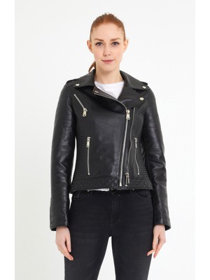 Nero Leather Fur Çift Fermuarlı Kapitone Detaylı Kadın Biker Siyah Deri Ceket