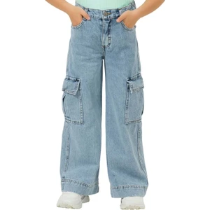 Hopi Kids Kargo Cepli Ayarlanabilir Belli Bol Paça Kız Kot Pantolon - Mavi - 5-6 Yaş
