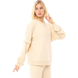 Kadın Bisiklet Yaka Kol Detaylı Oversize Fit Basic Sweatshirt Bej