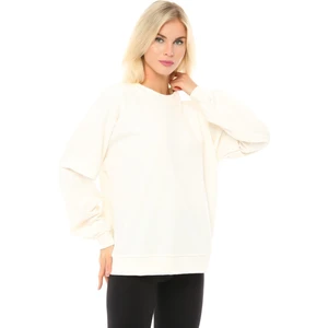 Kadın Bisiklet Yaka Kol Detaylı Oversize Fit Basic Sweatshirt Ekru