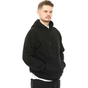 Erkek Kapüşonlu Şardonlu Oversize Basic Sweatshirt Siyah