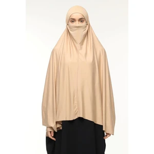 Kollu Sufle Çarşaf Üstü Peçeli Pratik Tesettür Hijab - Nikaplı Namaz Örtüsü - Koyu Bej