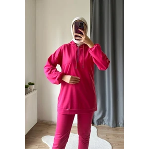 Burcu Tesettür Neon Fermuarlı Kapüşonlu Eşofman Takımı TRN2040-1 Fuşya