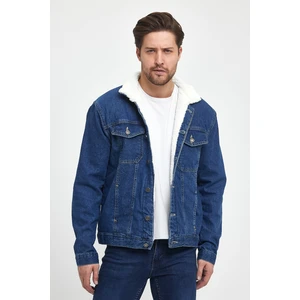 Erkek Içi Kürklü Düğmeli Kot Ceket Mavi