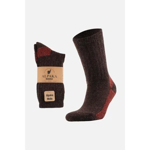 Unisex Alpaka Yünü Havlu Kışlık Kahve/kırmızı Soket Çorap - M 6005-KK