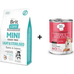 Brit Care Mini Light Kısırlaştırılmış Küçük Irk Tavşanlı Köpek Maması 2 kg + Chefs Choice Kuzulu Pirinçli Ezme Yetişkin Köpek Konseve Maması 400 gr