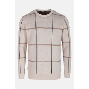 Erkek Triko Bej Bisiklet Yaka Desenli Slim Fit Pamuklu Kazak Ncs 3744