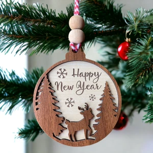 Sevimli Geyik Işlemeli Iskandinav Tarzı Iki Çam Ağacı Yılbaşı Süsü, Happy New Year Yazılı Dekoratif Ağaç Süsü