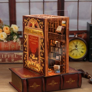 CUTEBEE Book Nook Sihirli Kütüphane Kiti – DIY oyuncak bebek evleri minyatür ev kiti, mobilya ve LED ışıklı, 3D yapboz ahşap kitap destekleri, yetişkinler için yapı setleri (Eternal Bookstore)