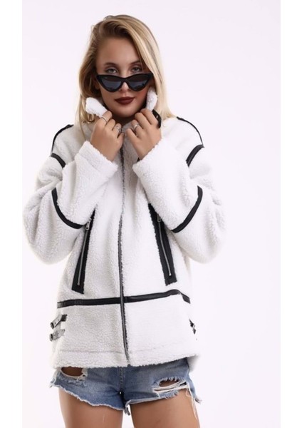 M2201 Kadın Oversize Tüylü Ceket - M2201 - Beyaz - ST01245-BEYAZ-M