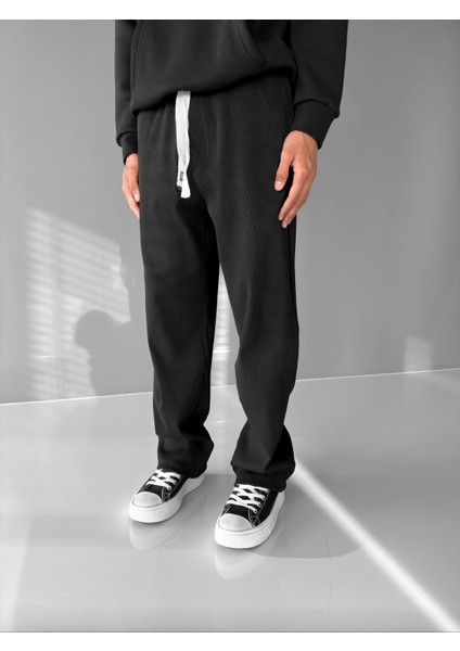 Baggy Fit Çizgili Rahat Pantolon Siyah