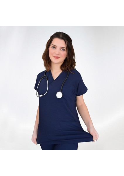Lacivert Likralı Doktor Hemşire Cerrahi Üniforma Takımı