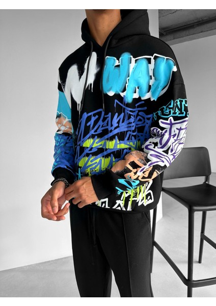 Oversize Graffiti Kapşonlu Sweatshirt Siyah