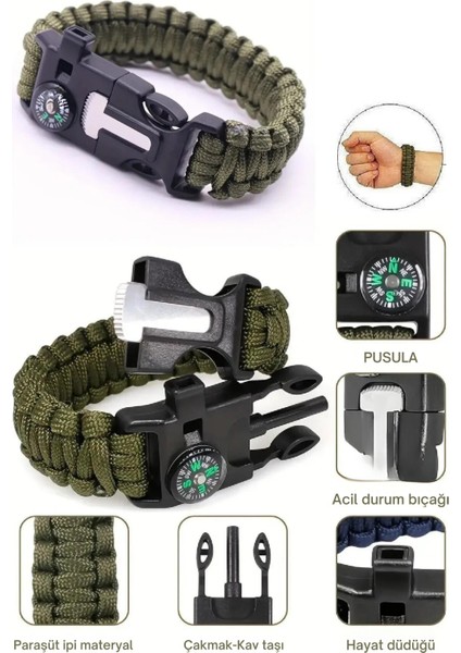 Paracord Pusulalı Survival Hayatta Kalma Kamp Bilekliği Düdüklü Ateş Başlatıcı Outdoor Aksesuar Gaddarın Bilekliği (Çağatay Ulusoyun bilekliği) Paracord İpli Hayatta Kalma Bilekliği Haki