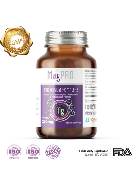 MagPRO Magnezyum (SİTRAT, MALAT, BİSGLİSİNAT) Complex 250 Mg Vitamin B6 & Vitamin D3 Kompleks (60 KAPSÜL)