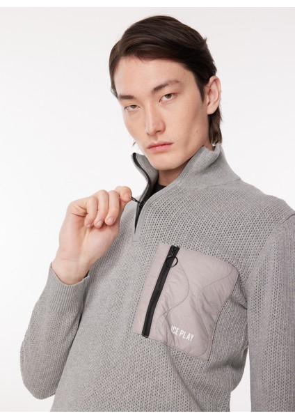 Dik Yaka Normal Düz Gri Melanj Erkek Kazak 23IU1M0A0129502_MAGLIA Lupetto