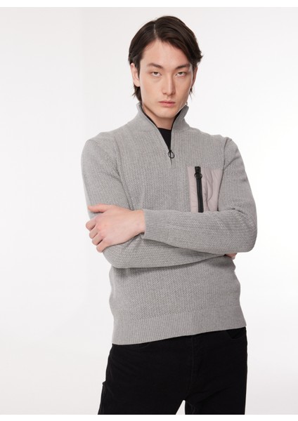 Dik Yaka Normal Düz Gri Melanj Erkek Kazak 23IU1M0A0129502_MAGLIA Lupetto