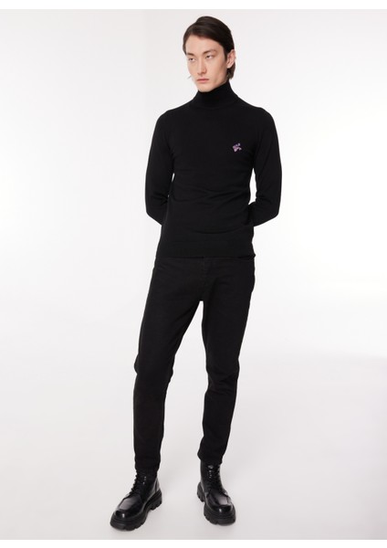 Dik Yaka Normal Düz Siyah Erkek Kazak 23IU1M0A0159002_MAGLIA Lupetto