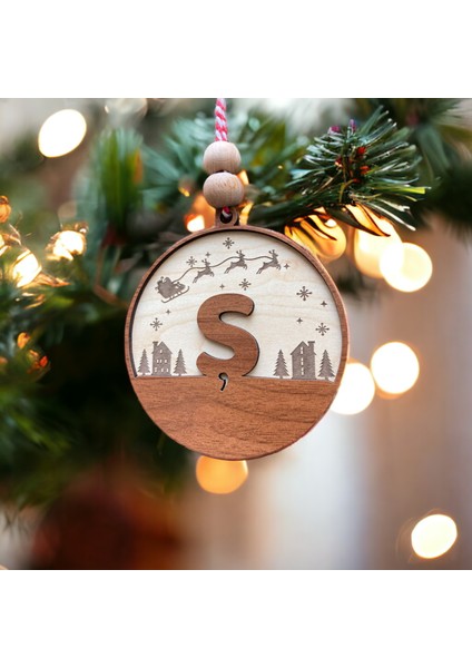 Iskandinav Tarzı Ş Harfi Yılbaşı Ağaç Süsü, Kişiselleştirilmiş Minimalist Noel Baba Desenli Çam Ağacı Süsü