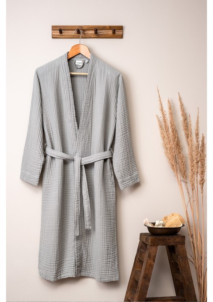 Unisex Kimono Müslin Bornoz Gri